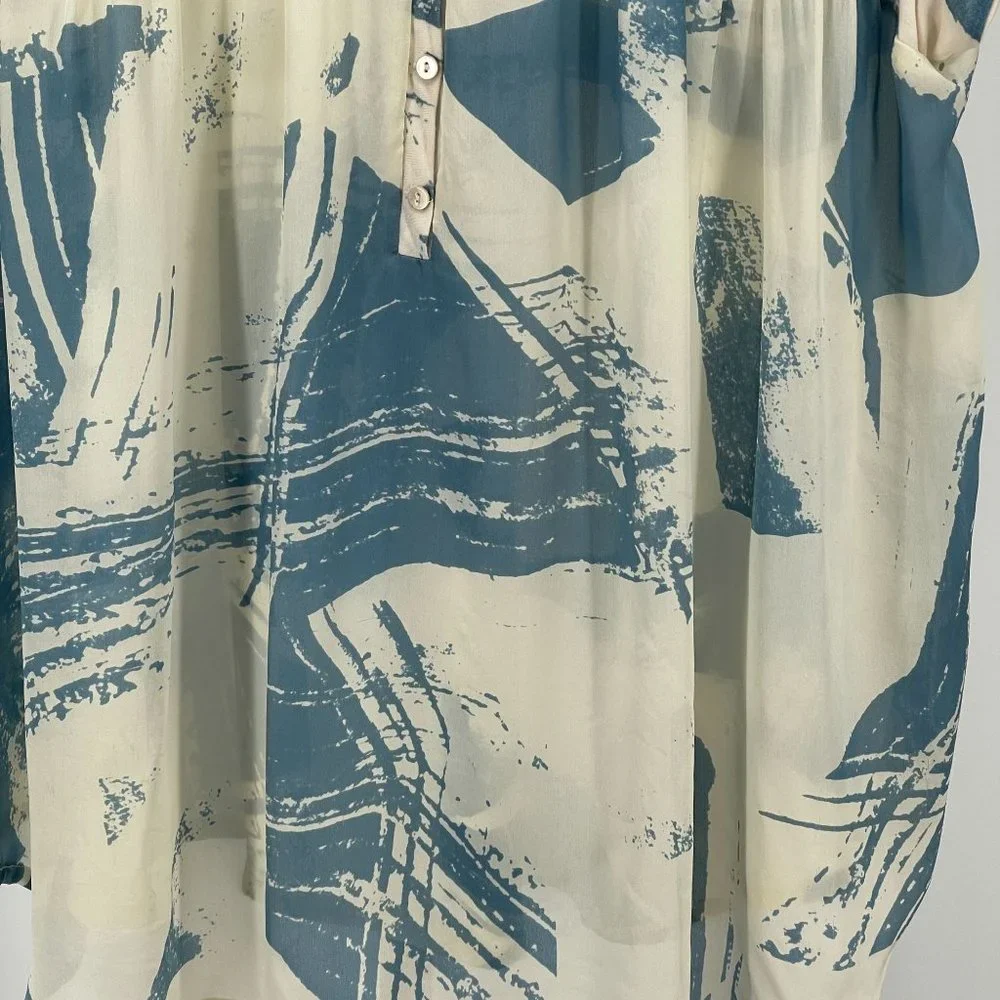 Johnny Was Biya Silk & Knit Popover Blouse Top Womens S Oversize Watercolor Blue - Picture 5 of 8